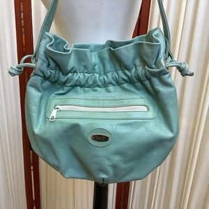 Donna Lia Portofino Leather Crossbody Purse With Drawstring Effect Seafoam Blue